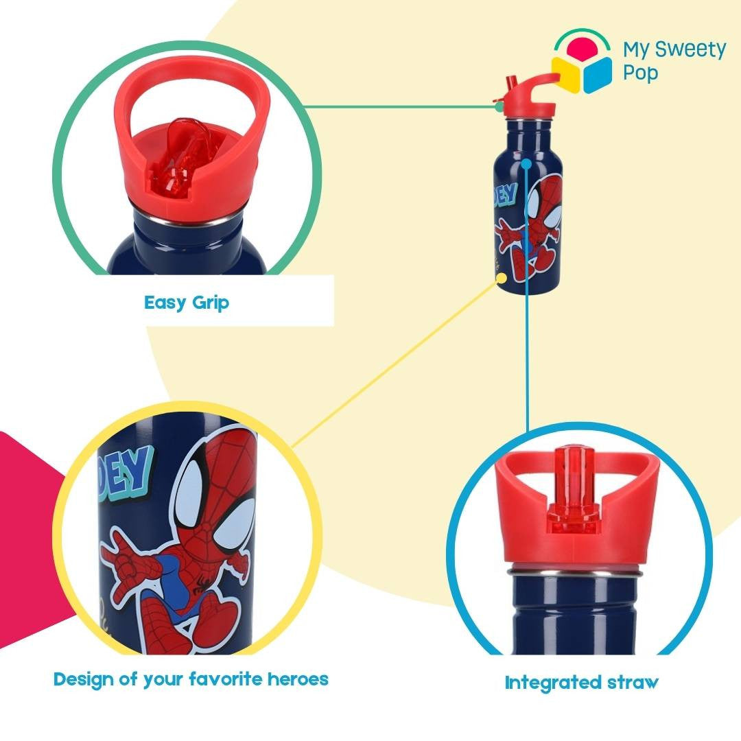 Gourde avec paille Spidey - 500 ml - 22 cm - Acier Inoxydable - Bleu/Rouge