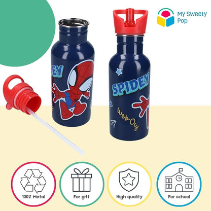 Gourde avec paille Spidey - 500 ml - 22 cm - Acier Inoxydable - Bleu/Rouge