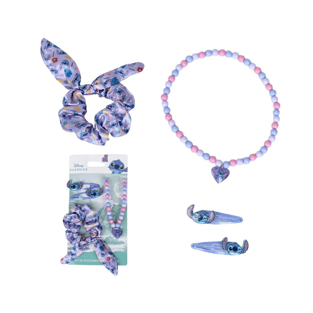 Set Accessoires Fille Disney Stitch – Chouchou, 2 Barrettes et Collier
