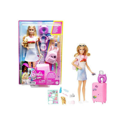 Barbie – Coffret Voyage Malibu – Poupée avec Valise Rose, Chiot et 10+ Accessoires