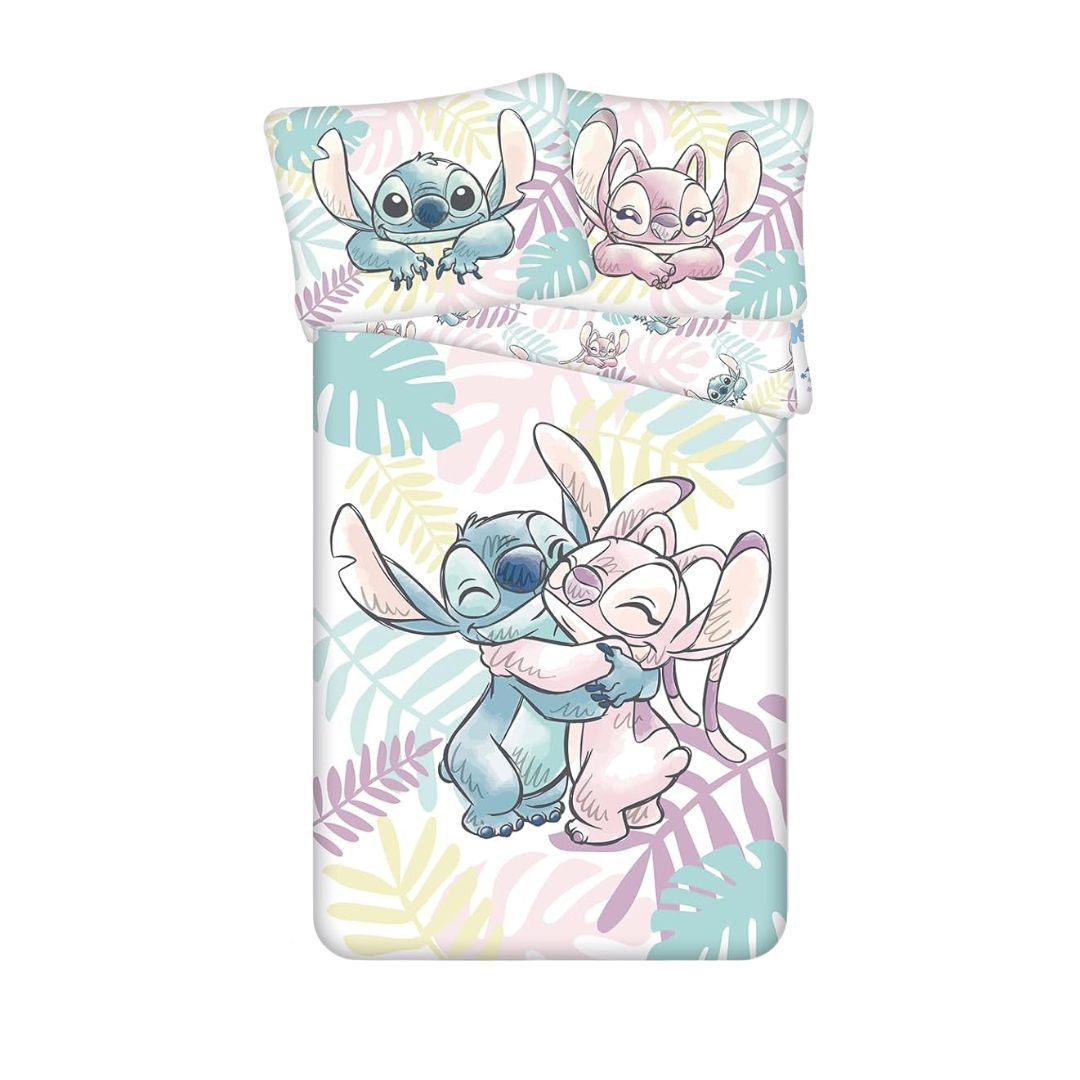 My Sweety Pop – Parure de lit Enfant feuilles Stitch & Angel 2 pièces – 140x200 cm + 70x90 cm