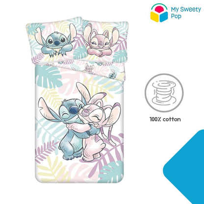 My Sweety Pop – Parure de lit Enfant feuilles Stitch & Angel 2 pièces – 140x200 cm + 70x90 cm