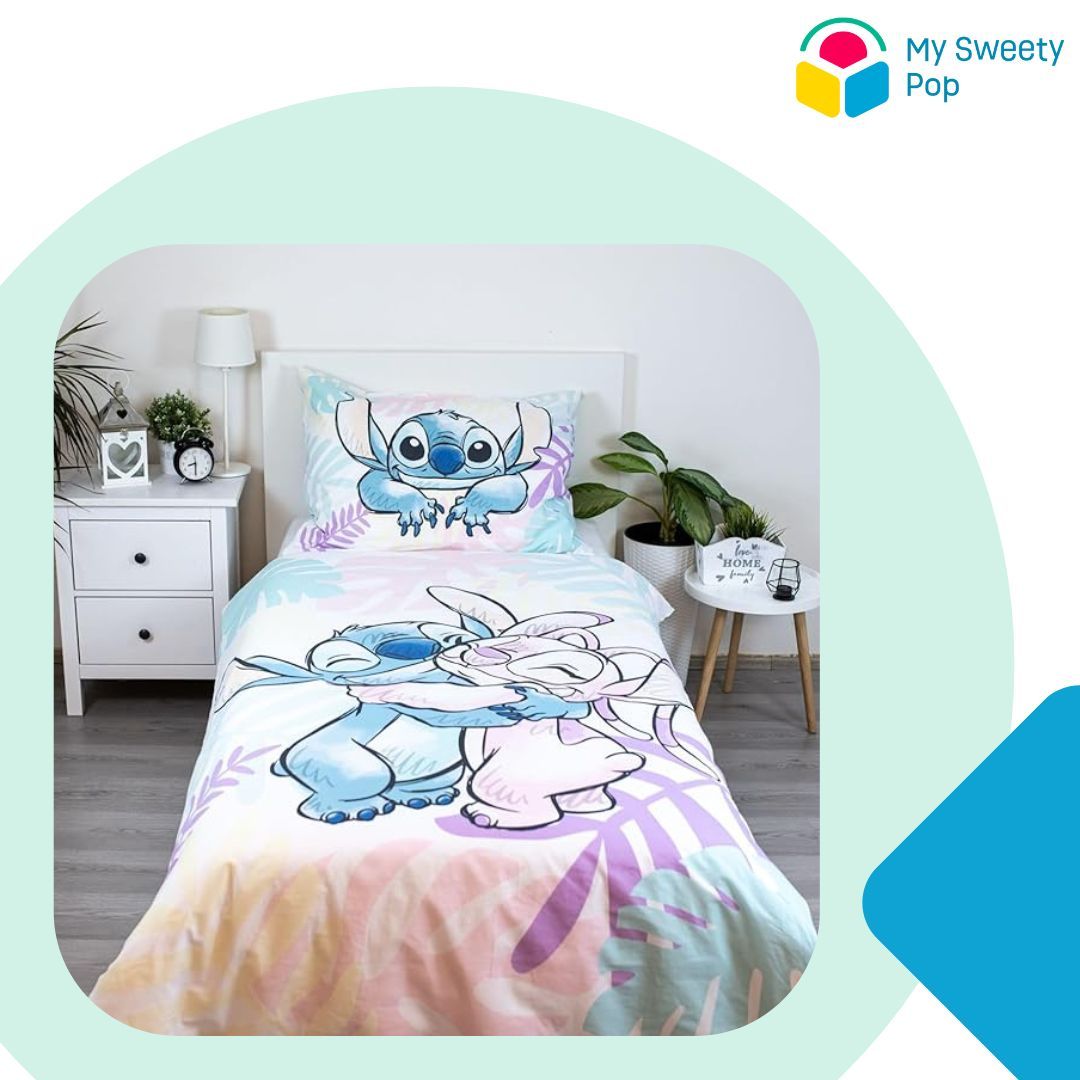 My Sweety Pop – Parure de lit Enfant feuilles Stitch & Angel 2 pièces – 140x200 cm + 70x90 cm