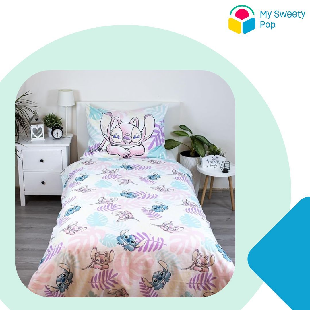 My Sweety Pop – Parure de lit Enfant feuilles Stitch & Angel 2 pièces – 140x200 cm + 70x90 cm