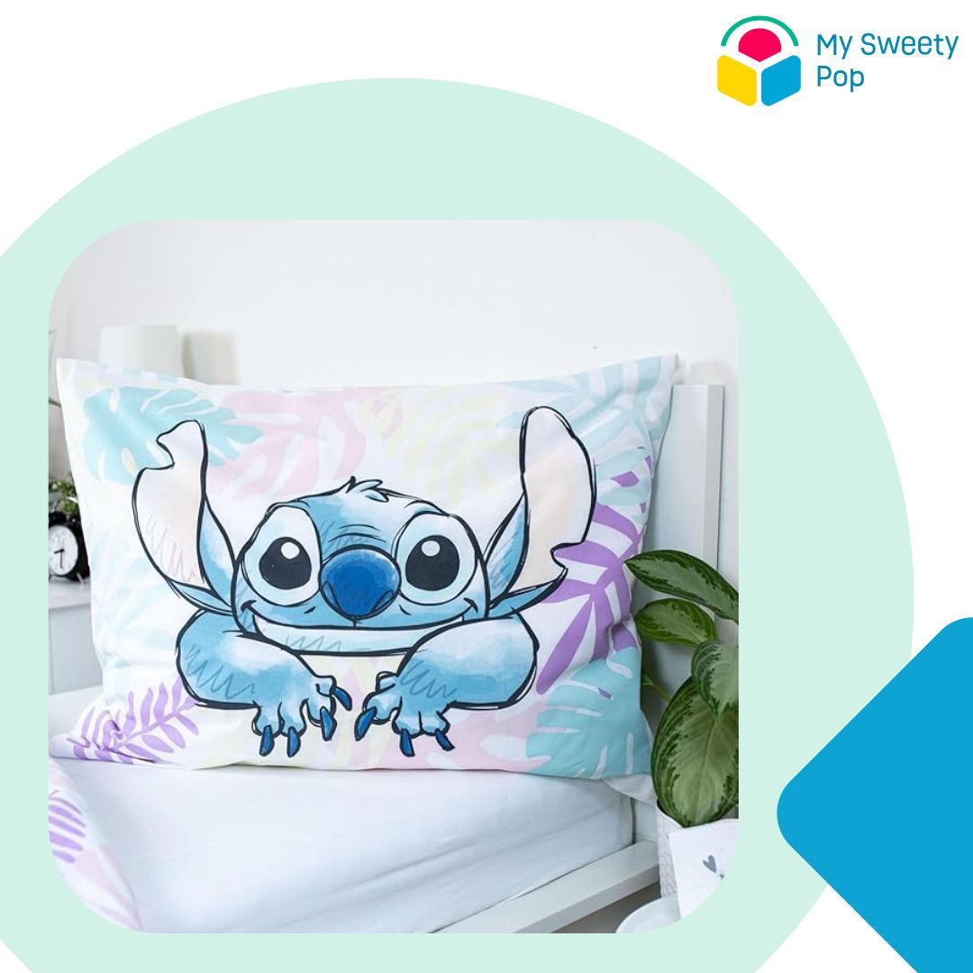 My Sweety Pop – Parure de lit Enfant feuilles Stitch & Angel 2 pièces – 140x200 cm + 70x90 cm