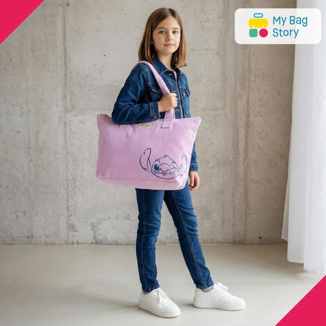 Mybagstory - Sac shopping Stitch Rose en Velours Côtelé - 48 cm