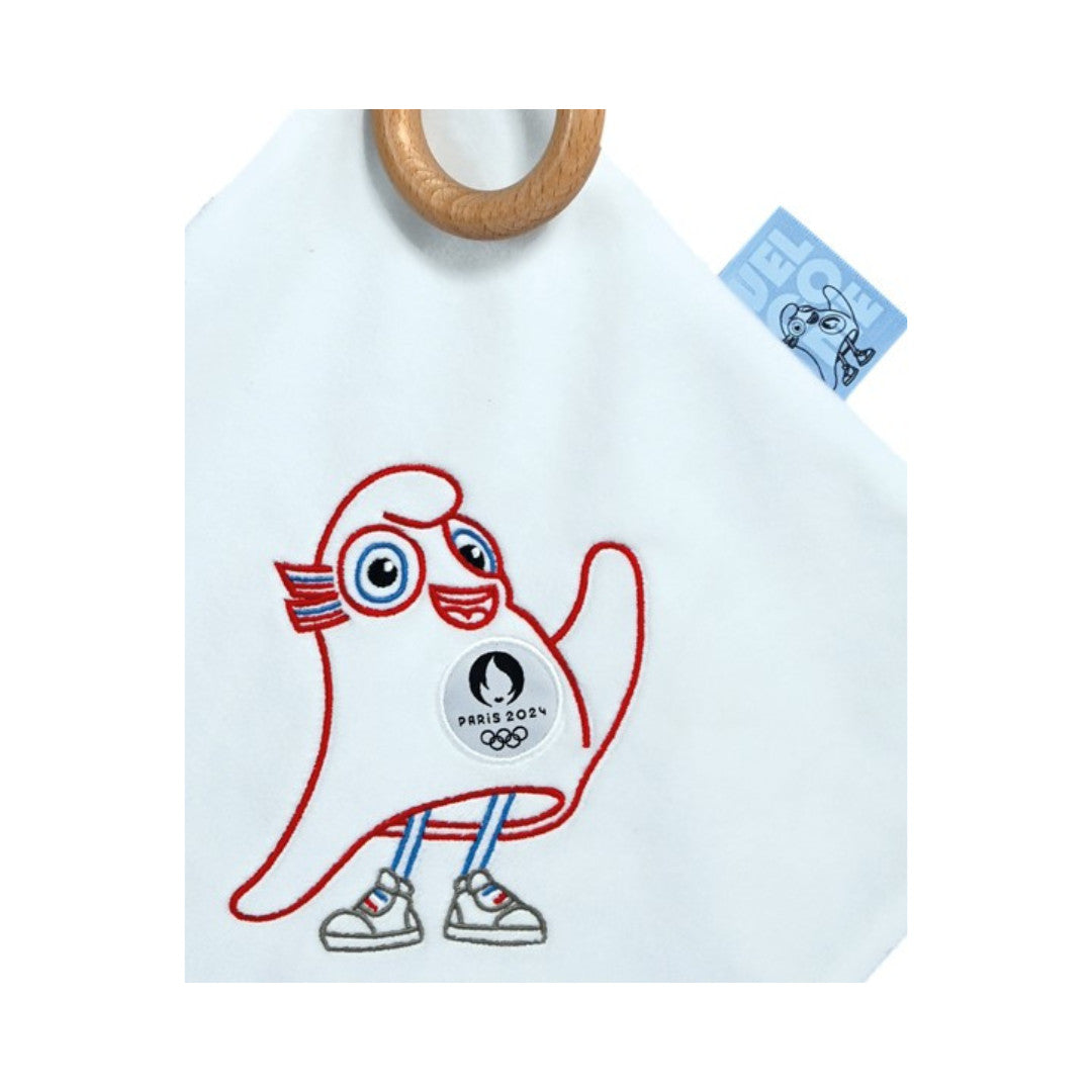 Doudou plat mascotte jeux olympiques paris 2024 avec anneau en bois - 25 cm