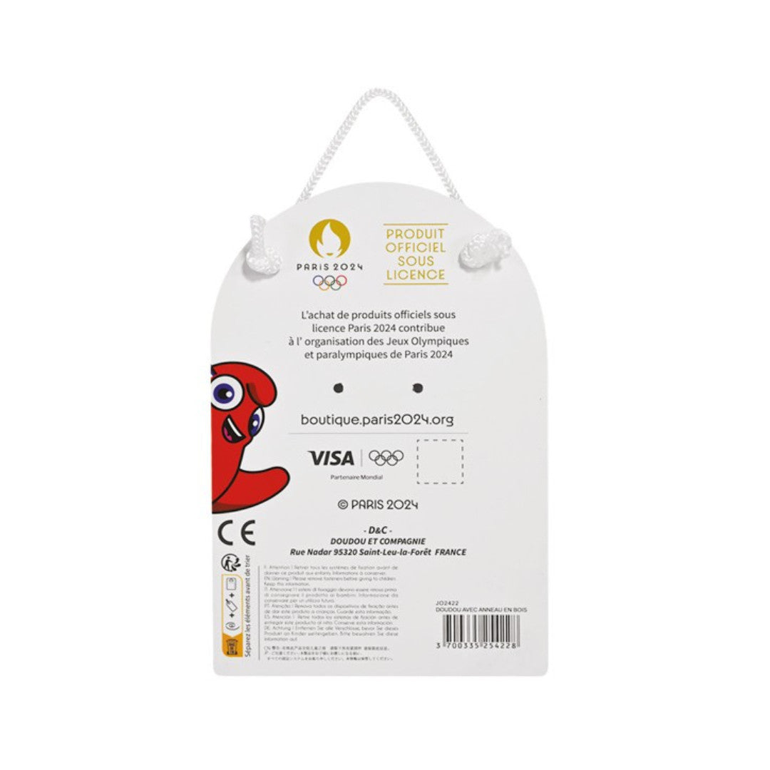Doudou plat mascotte jeux olympiques paris 2024 avec anneau en bois - 25 cm