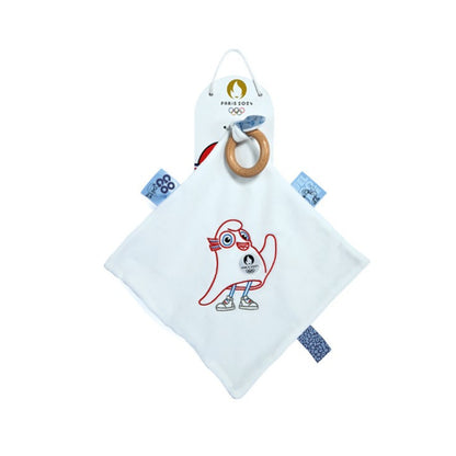 Doudou plat mascotte jeux olympiques paris 2024 avec anneau en bois - 25 cm