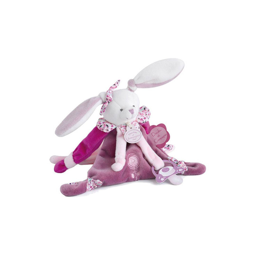 Doudou et Compagnie - Doudou attache sucette lapin Cerise rose - 17 cm