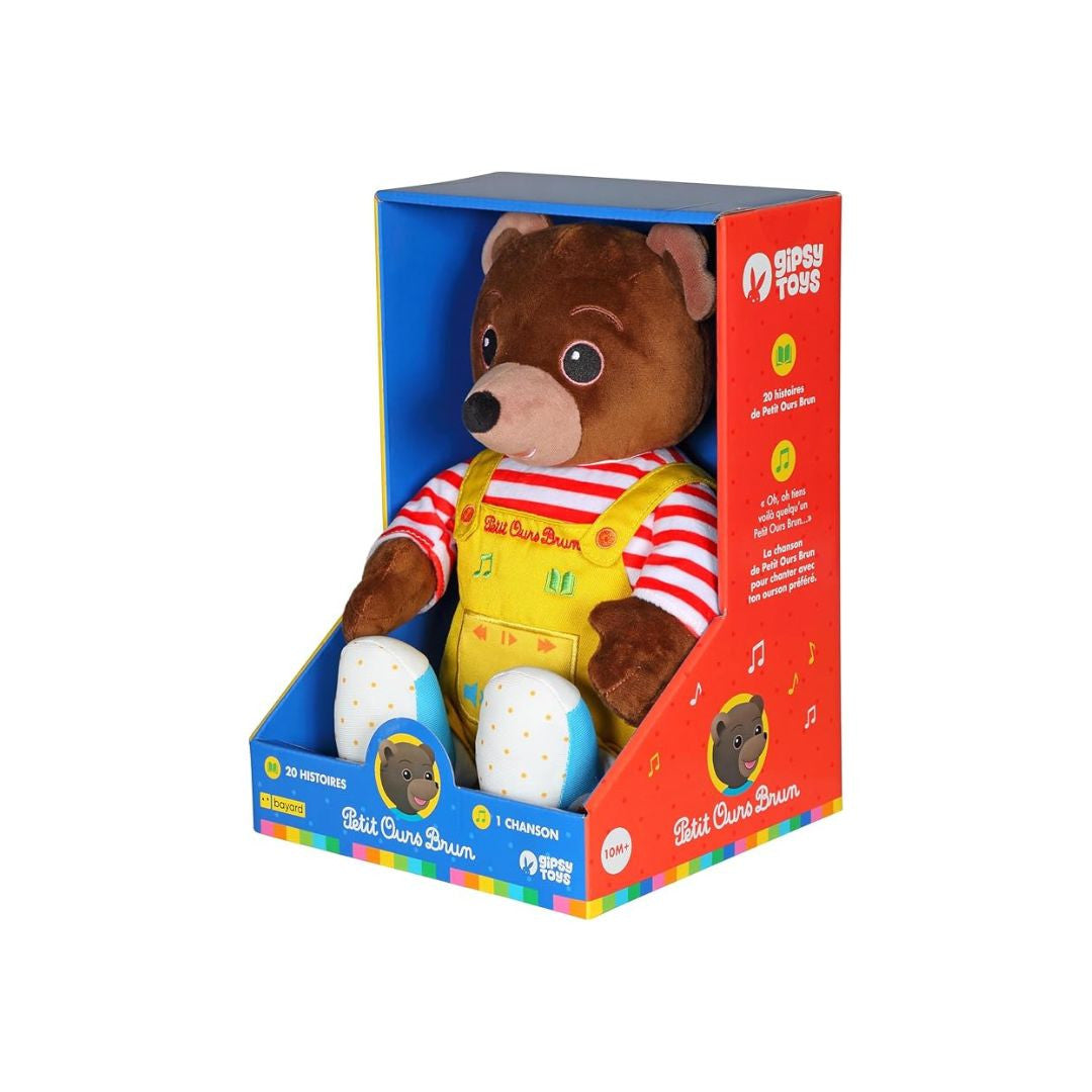 Gipsy Toys - Petit Ours Brun – Peluche musicale qui parle conteur d'Histoires - 28 cm (Marron Jaune Rouge)