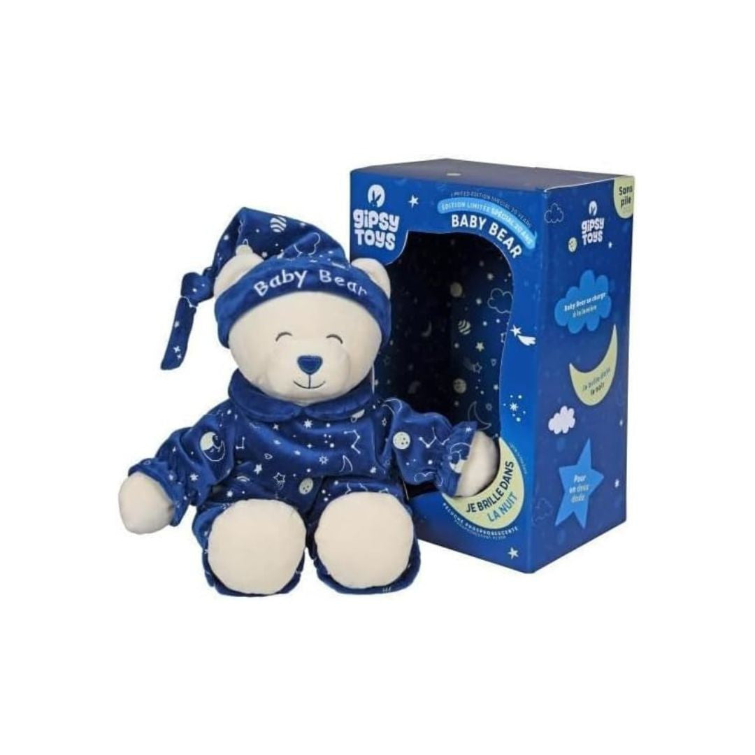Gipsy Toys - Glow in The Dark - Baby Bear - Peluche pour Enfant Brille dans la Nuit (Bleu) - 24 cm